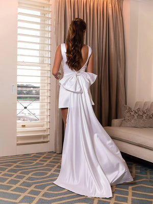 Wide Straps V Neck Satin Short Wedding Dresses with Bow