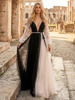 Tulle A Line V Neck Long Wedding Dresses