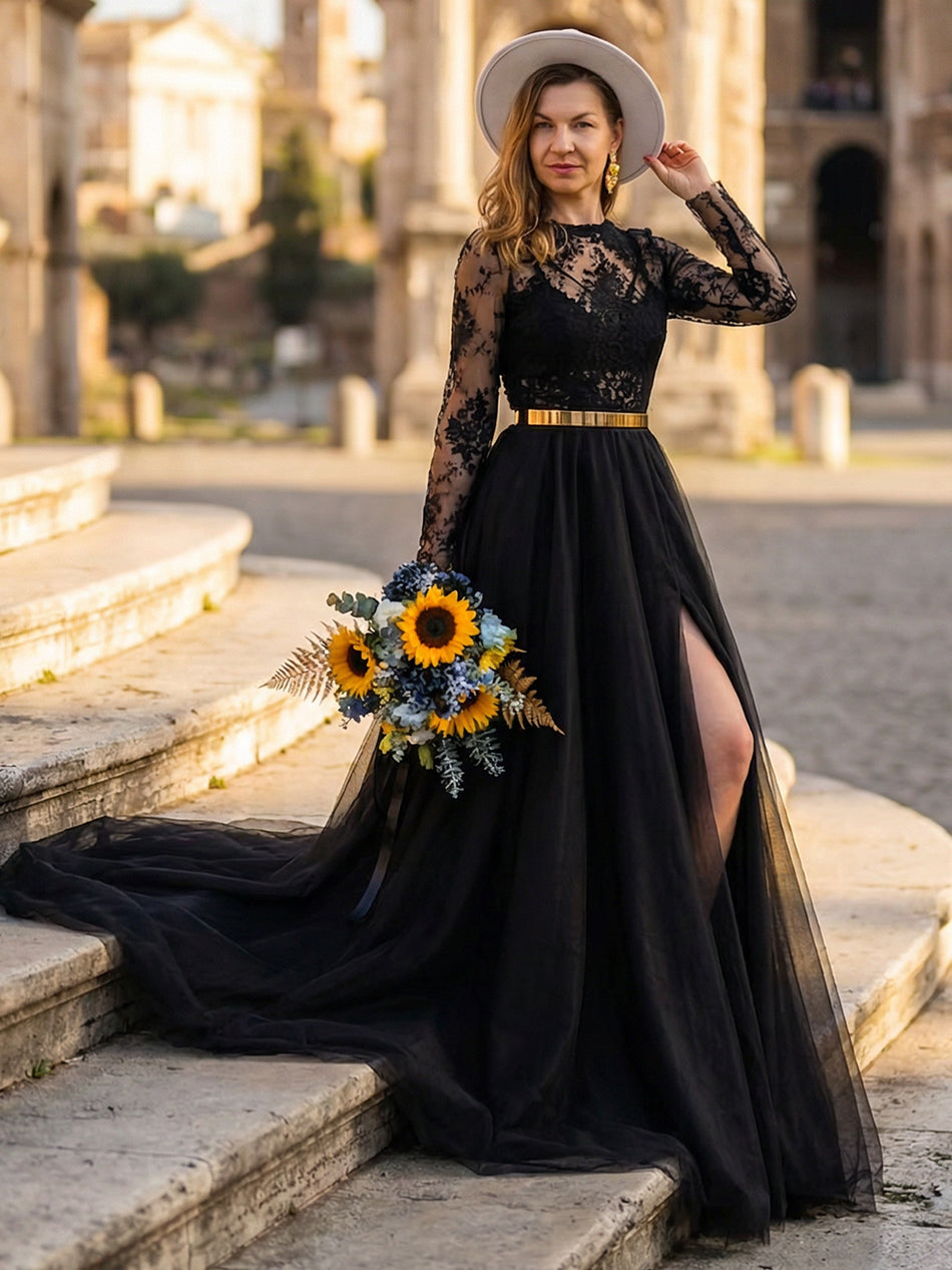 Tulle A Line Round Neck Long Wedding Dresses