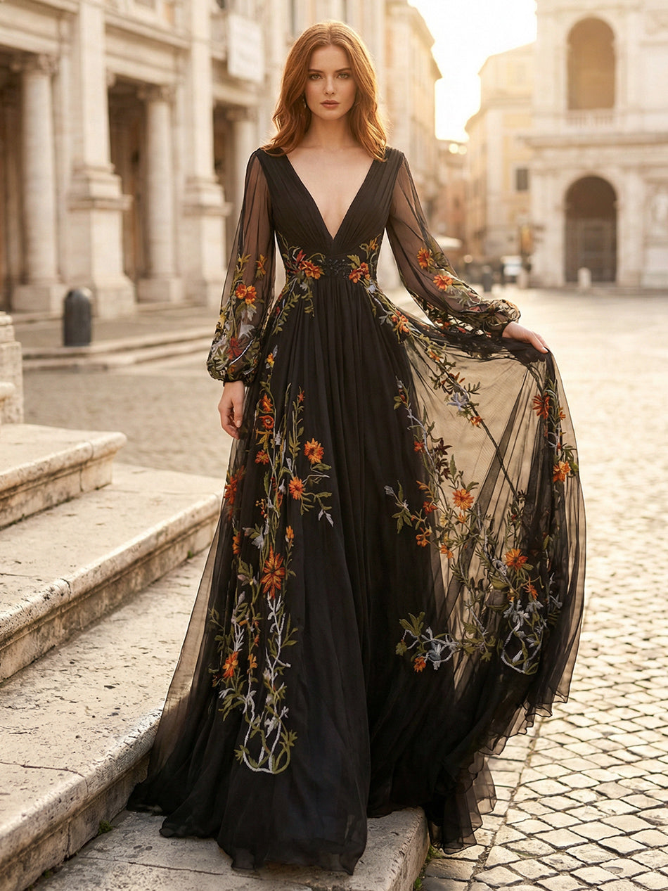 Laces A Line V Neck Long Wedding Dresses