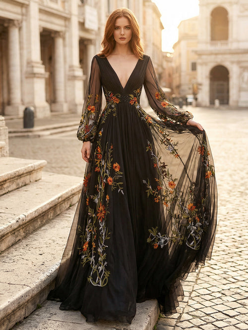 Laces A Line V Neck Long Wedding Dresses