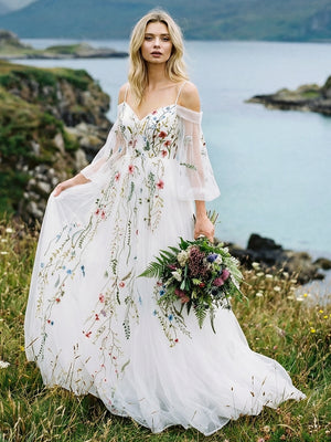 Off the Shoulder V Neck Lace Embroidered Wedding Dresses