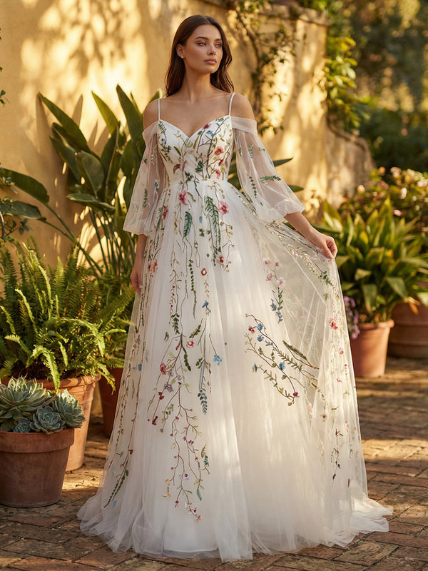 Off the Shoulder V Neck Lace Embroidered Wedding Dresses