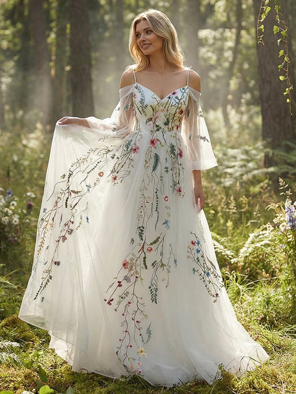 Off the Shoulder V Neck Lace Embroidered Wedding Dresses