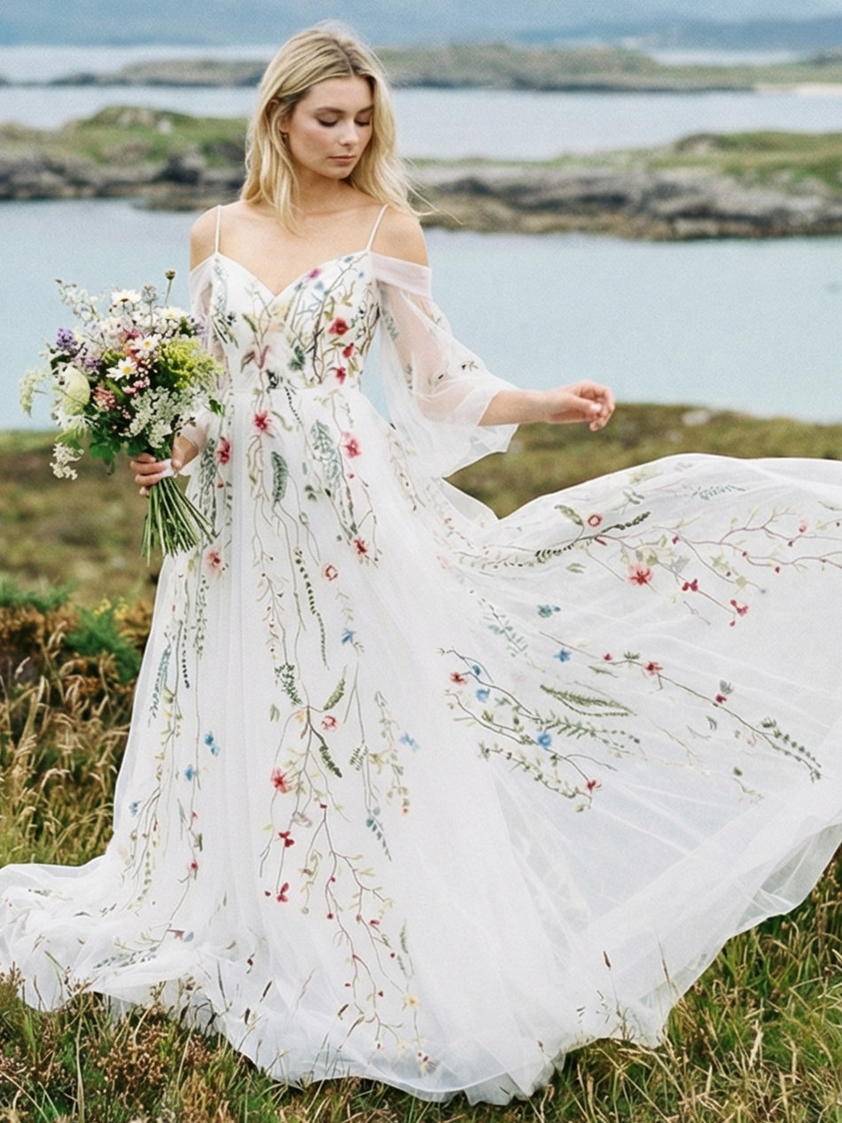 Off the Shoulder V Neck Lace Embroidered Wedding Dresses