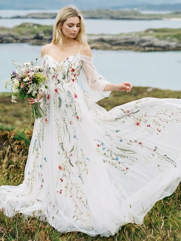 Off the Shoulder V Neck Lace Embroidered Wedding Dresses