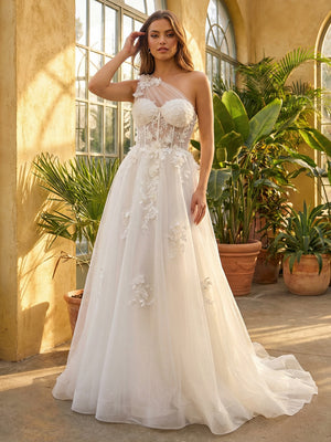 One Shoulder Sweetheart Lace Applique Wedding Dresses with 3D Flower