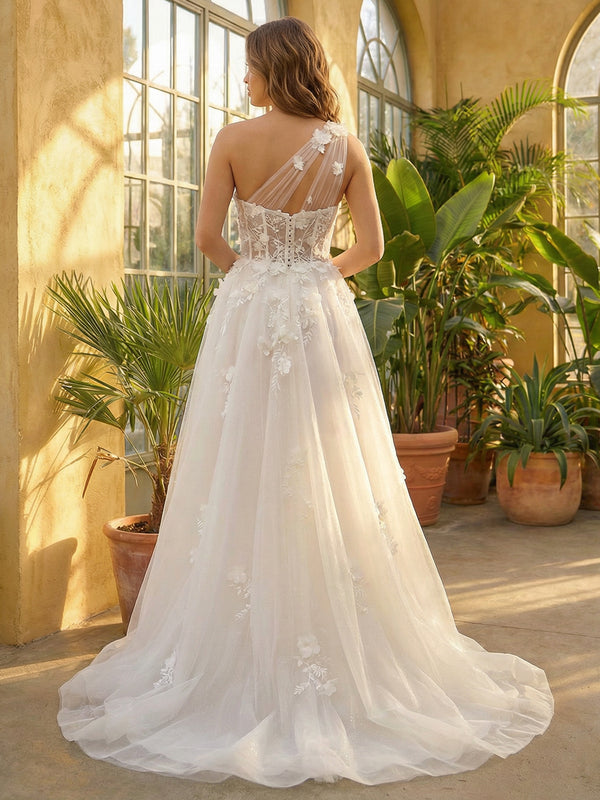 One Shoulder Sweetheart Lace Applique Wedding Dresses with 3D Flower