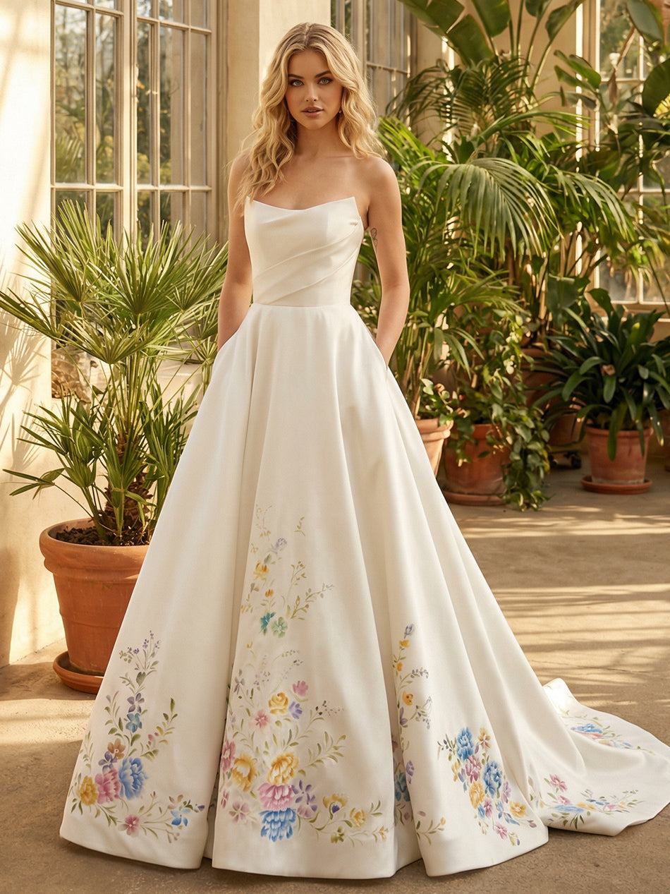 Strapless Satin Embroidery A-Line Ruched Wedding Dresses