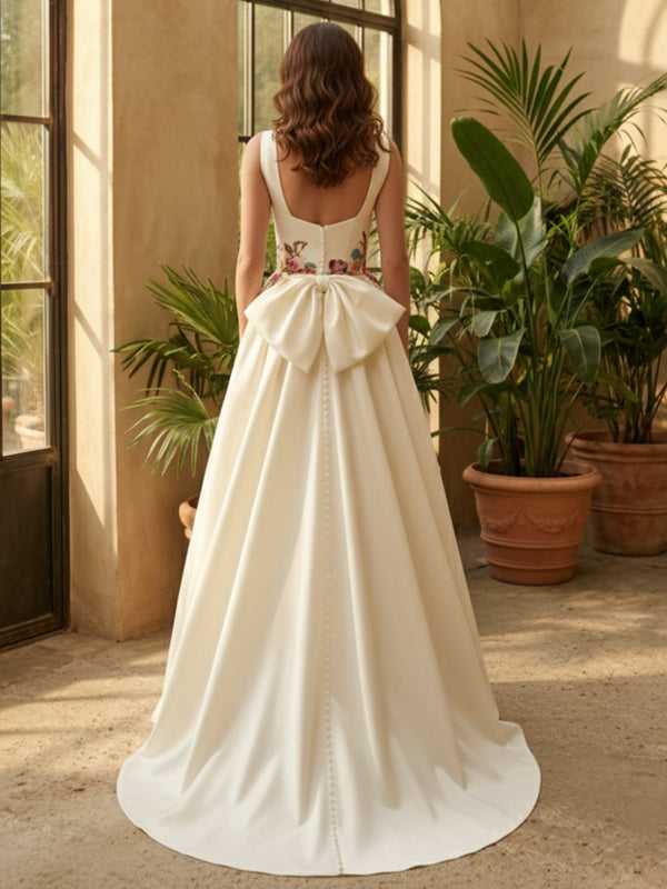 Sweetheart Satin Embroidery A-Line Wedding Dresses with Bow