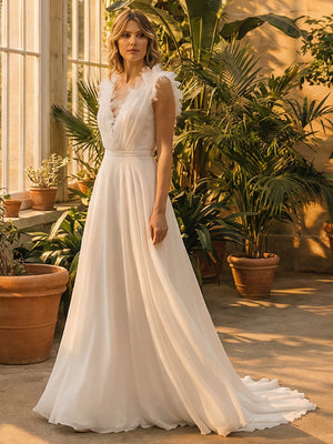 V Neck A Line Laces Empire Waist Wedding Dresses with Ruffled