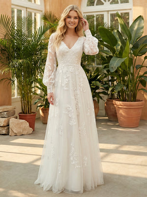 Lace Appliques V Neck A-Line Wedding Dresses with Long Sleeves