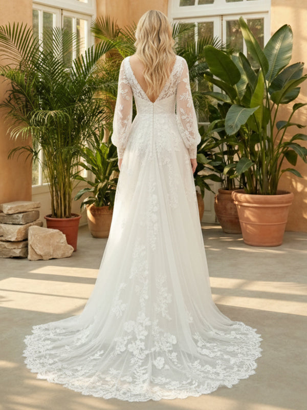 Lace Appliques V Neck A-Line Wedding Dresses with Long Sleeves