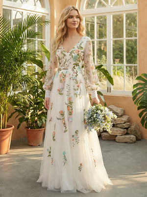 Lace Embroidered V Neck A-Line Wedding Dresses with Long Sleeves