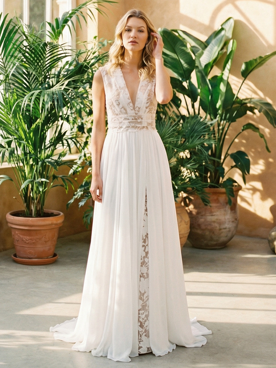 V Neck Sleeveless A-Line Wedding Dresses with Lace Appliques