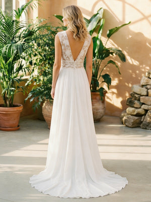 V Neck Sleeveless A-Line Wedding Dresses with Lace Appliques