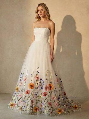 Strapless Lace Embroidered A-Line Long Wedding Dresses with Backless