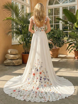 V Neck Ruffles Sleeves Lace Embroidered A-Line Wedding Dresses Backless