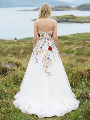 Strapless Lace Embroidered A-Line Backless Long Wedding Dresses