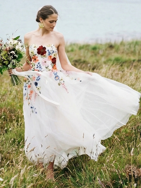 Strapless Lace Embroidered A-Line Backless Long Wedding Dresses