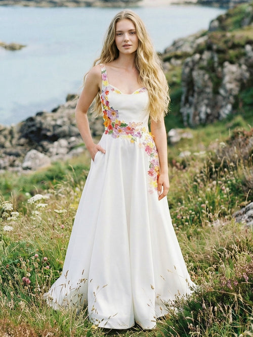 Sweetheart Satin Embroidered A-Line Backless Wedding Dresses