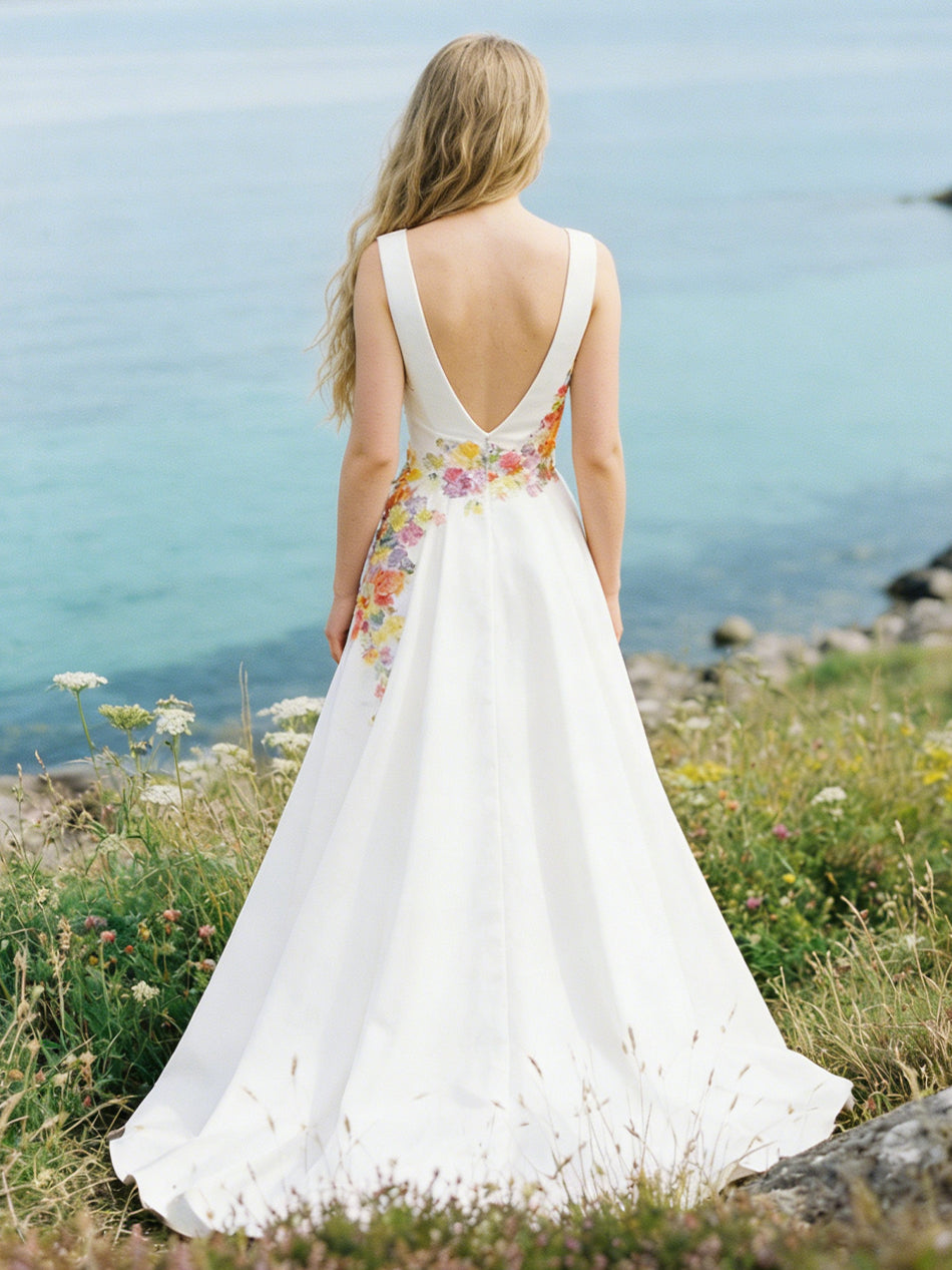 Sweetheart Satin Embroidered A-Line Backless Wedding Dresses