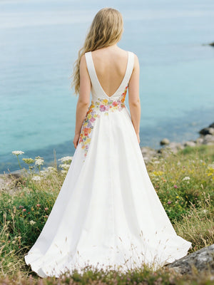 Sweetheart Satin Embroidered A-Line Backless Wedding Dresses
