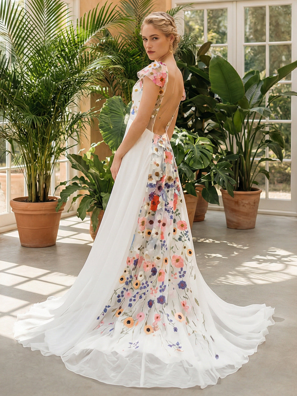 Lace Embroidered A-Line Backless V Neck Wedding Dresses with Sleeves