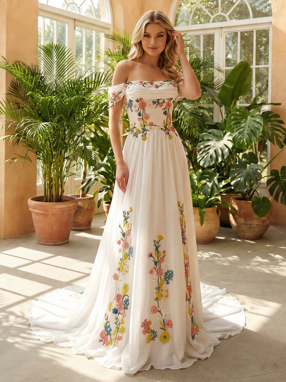 Off the Shoulder Lace Embroidered A-Line Cowl Neck Wedding Dresses