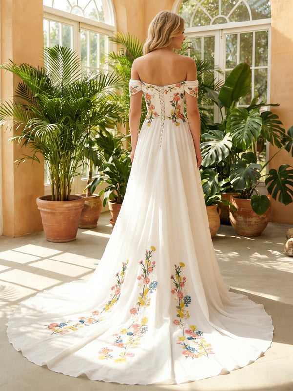 Off the Shoulder Lace Embroidered A-Line Cowl Neck Wedding Dresses