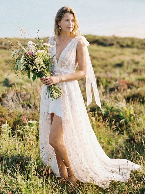 Deep V Neck Lace Appliques A-Line Wedding Dresses with Bows