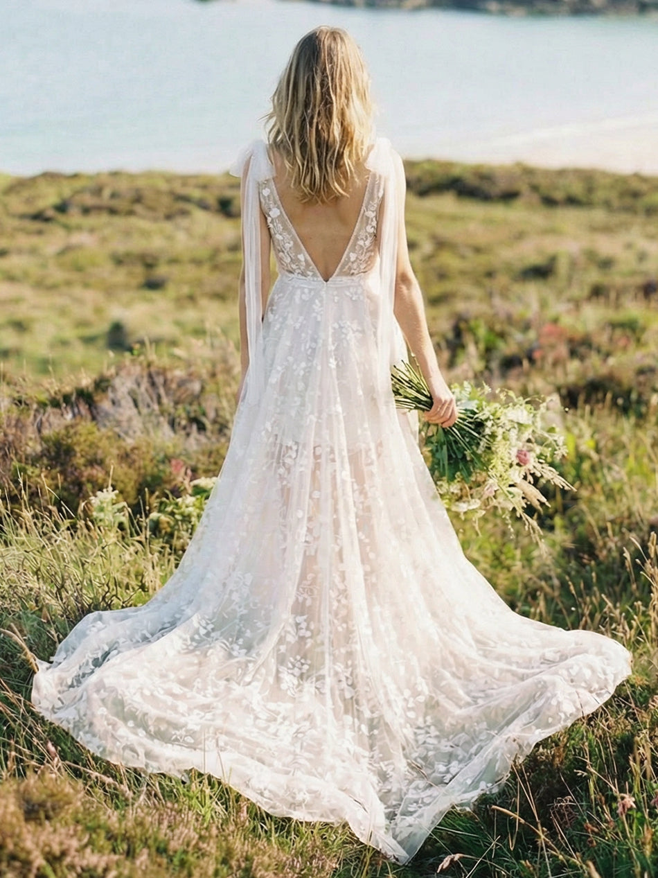Deep V Neck Lace Appliques A-Line Wedding Dresses with Bows