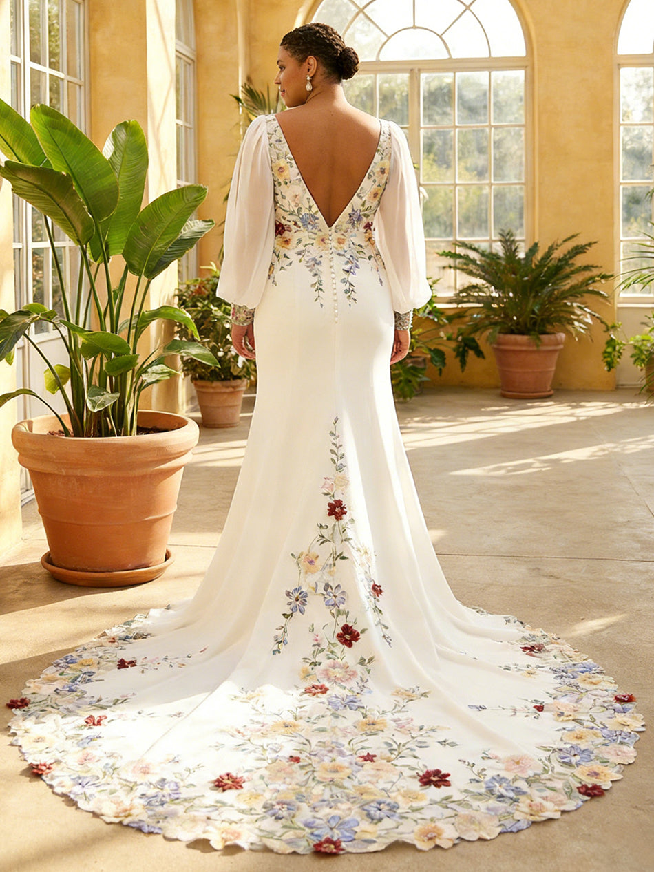 V Neck Lace Embroidered Mermaid Long Sleeves Wedding Dresses with Slit