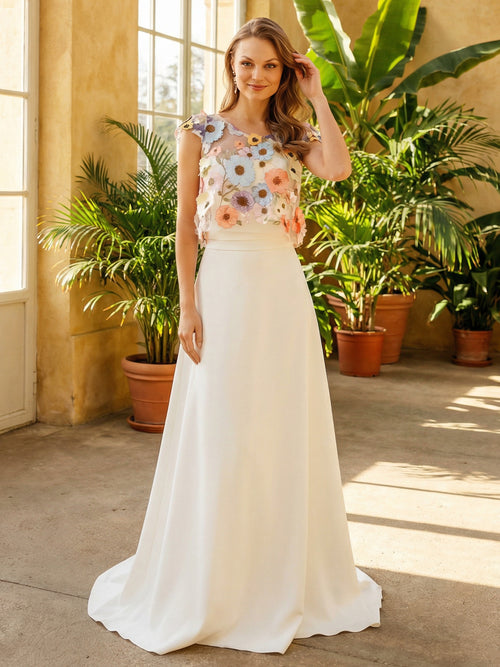 Jewel Neck Lace Appliques A-Line Satin Wedding Dresses with 3D Flower