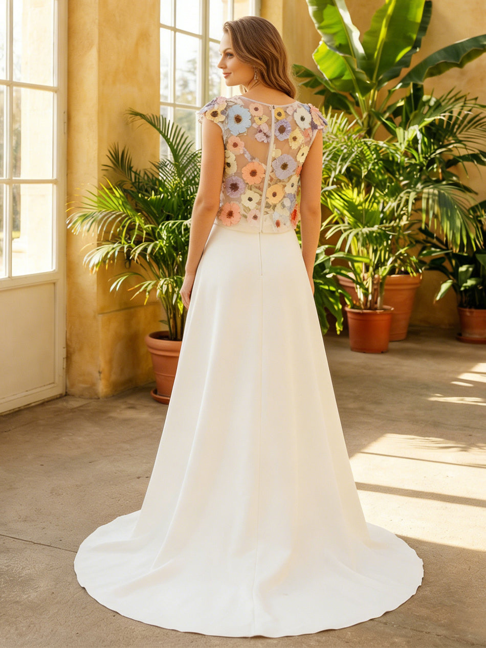 Jewel Neck Lace Appliques A-Line Satin Wedding Dresses with 3D Flower