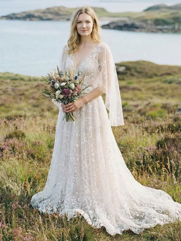 Lace Appliques V Neck A-Line Backless Wedding Dresses with Sleeves
