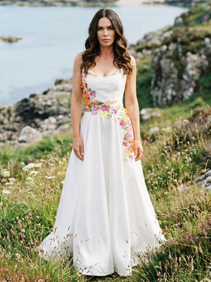 Satin Appliques Strapless A-Line Backless Wedding Dresses with 3D Flower