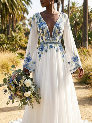 Lace Embroidered A-Line Long Sleeves V Neck Wedding Dresses