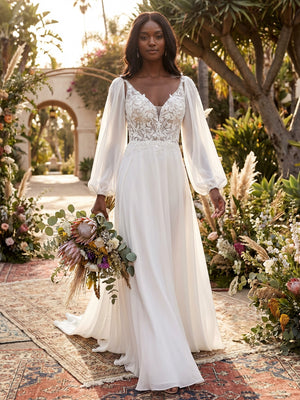 V Neck Lace Appliques A-Line Long Sleeves Wedding Dresses