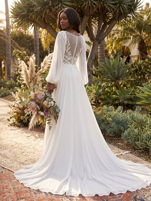 V Neck Lace Appliques A-Line Long Sleeves Wedding Dresses