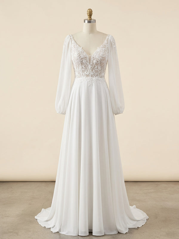 V Neck Lace Appliques A-Line Long Sleeves Wedding Dresses