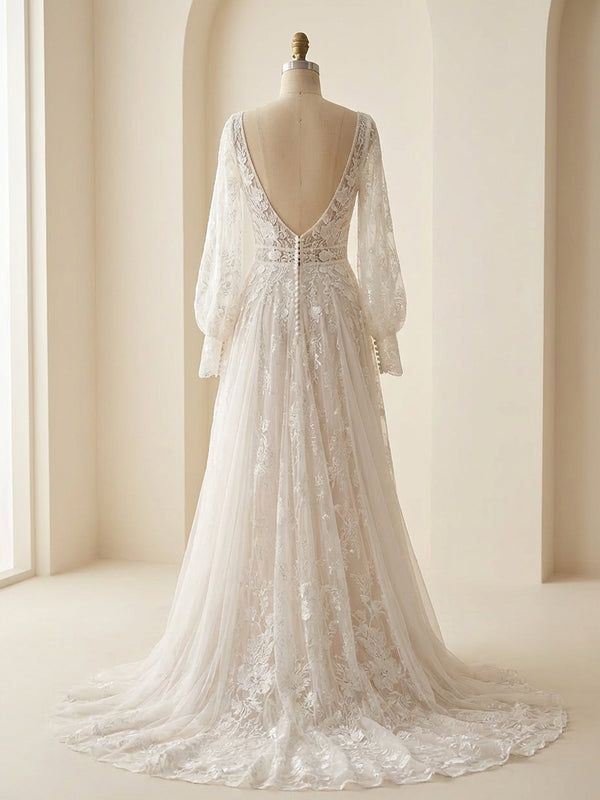 Lace Appliques A-Line Long Sleeves V Neck Wedding Dresses with Backless