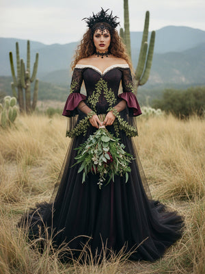 Lace Embroidered A-Line Off Shoulder Sweetheart Wedding Dresses with Sleeves