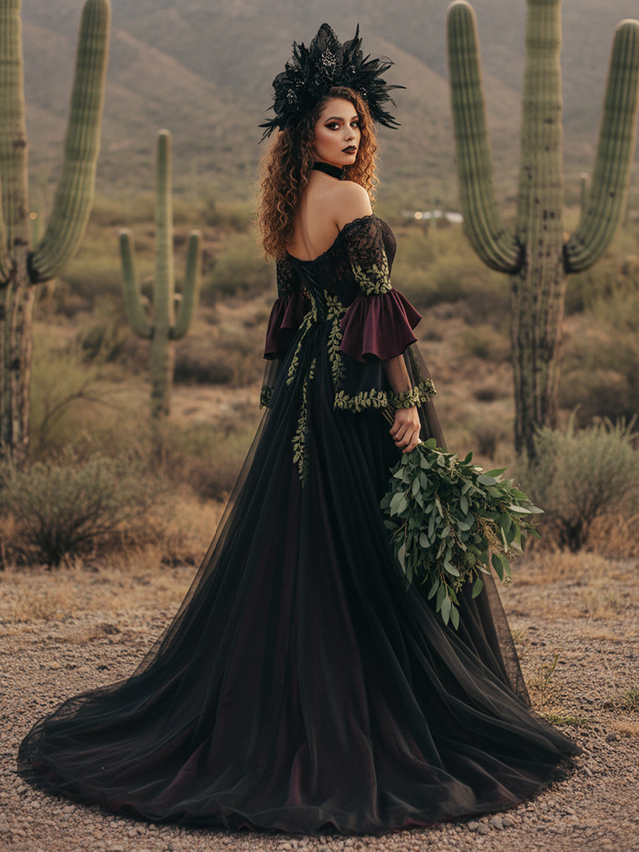 Lace Embroidered A-Line Off Shoulder Sweetheart Wedding Dresses with Sleeves