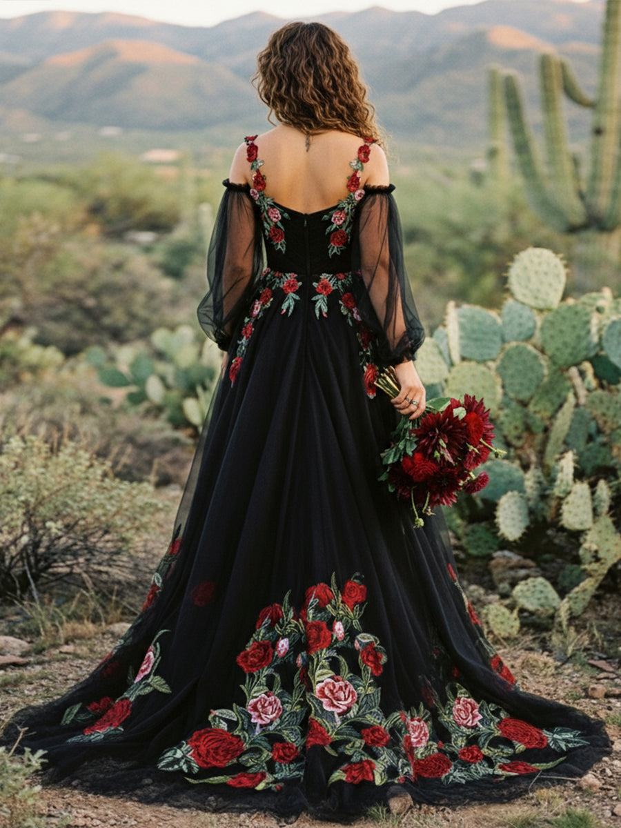 Lace Embroidered A-Line Off the Shoulder Sweetheart Wedding Dresses with Sleeves