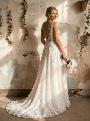 Lace Appliques A Line Long Wedding Dresses with 3D Flower