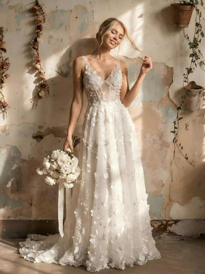 Lace Appliques A Line Long Wedding Dresses with 3D Flower