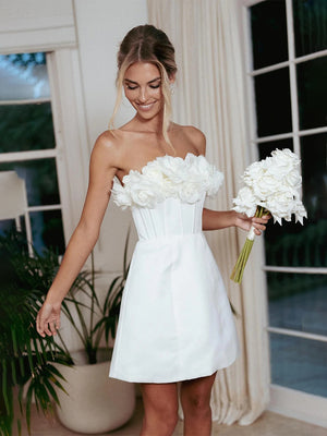 Strapless A Line Short Wedding Dresses with 3D Flower