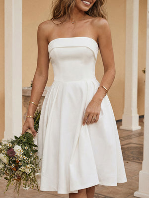 Satin A Line Strapless Short Little White Dresses with Pleats