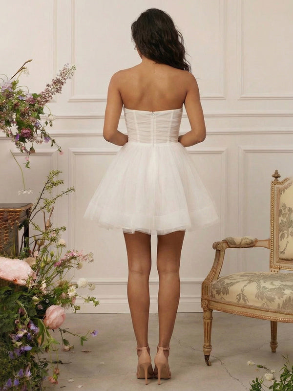 Tulle A Line Strapless Short Little White Dresses with Pleats